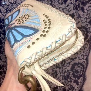 III Parcel cream leather laced blue butterfly studded purse wallet clutc…